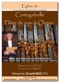 12 AVRIL 17h Orgue & Flûte de pan à Cintegabelle. Le dimanche 12 avril 2015 à CINTEGABELLE. Haute-Garonne.  17H00